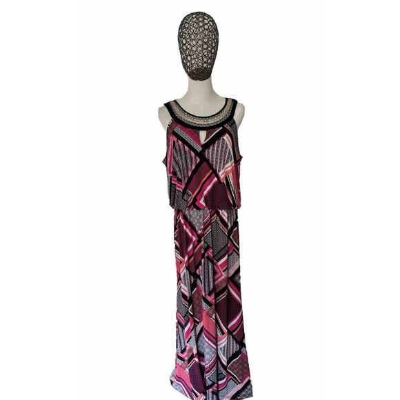 Women’s Liquid Knit Dress Embellished Multicolor Long Sleeveless Geometric Sz L - Picture 4 of 16
